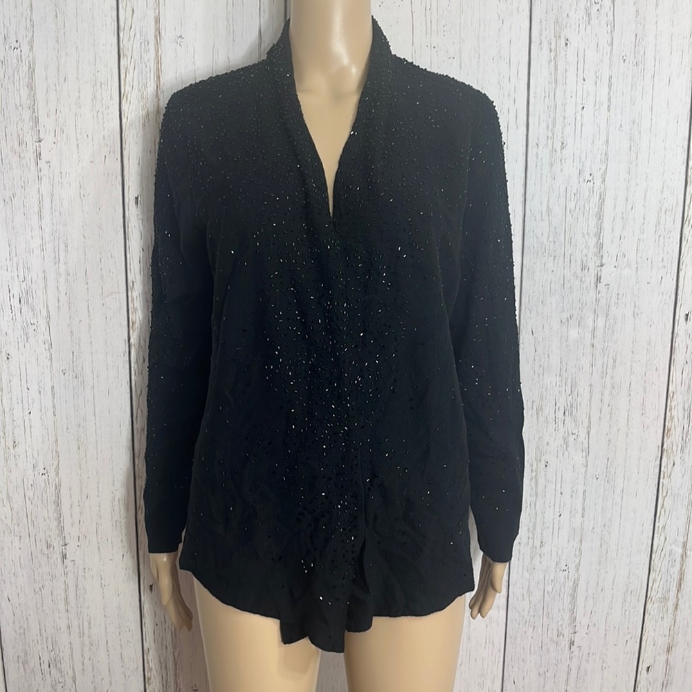 Eileen Fischer 100% Merino Wool Beaded Black Cardigan Open Front Size Medium